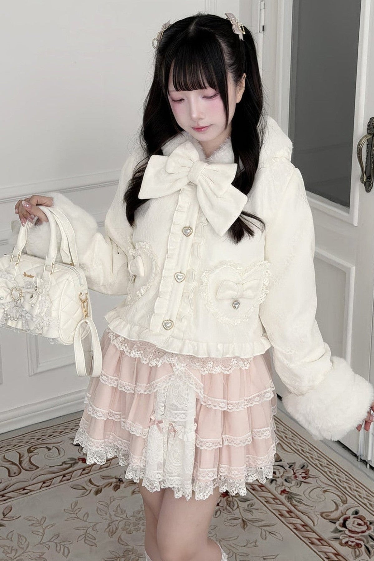 Snow Rabbit Plush Lace Coat, Top and Skirt Set-Up