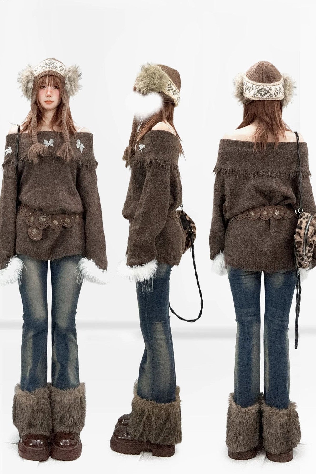 Brown Off-Shoulder Fur Collar Sweater