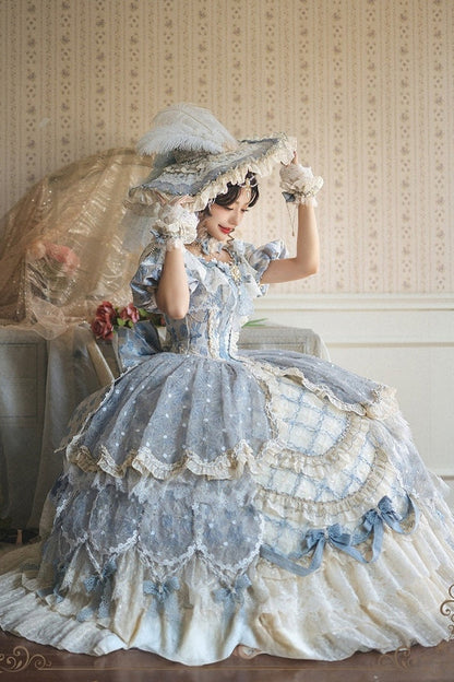 【9月10日予約締切】Pink/Blue Rococo Fantasy Puff Sleeve Ribbon Tiered Princess Lolita Dress Bridal＋Full set[Op Dress + Feather Hat + Choker + Back Ribbon Train + Lace Gloves]