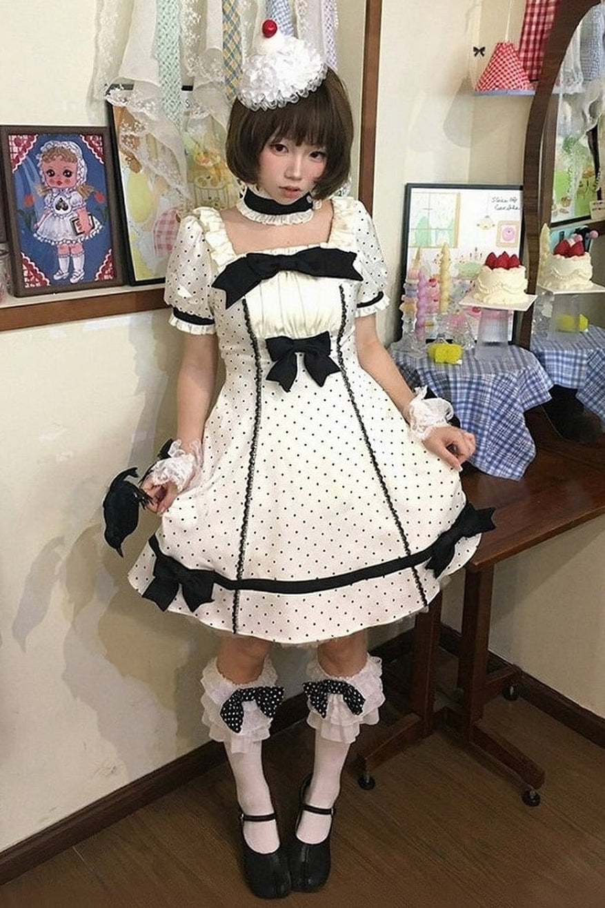 【5月29日予約締切】バニラポルカドットアンドグレーヴィンテージリボンパフスリーブドレス＋チョーカーセットアップ