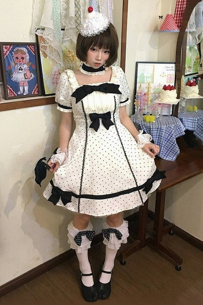 【5月29日予約締切】バニラポルカドットアンドグレーヴィンテージリボンパフスリーブドレス＋チョーカーセットアップ