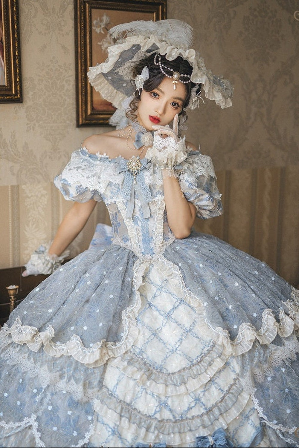 【9月10日予約締切】Pink/Blue Rococo Fantasy Puff Sleeve Ribbon Tiered Princess Lolita Dress Bridal＋Full set[Op Dress + Feather Hat + Choker + Back Ribbon Train + Lace Gloves]