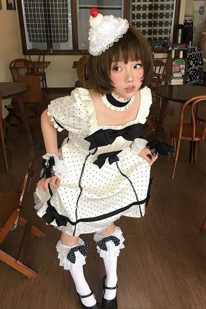 【5月29日予約締切】バニラポルカドットアンドグレーヴィンテージリボンパフスリーブドレス＋チョーカーセットアップ