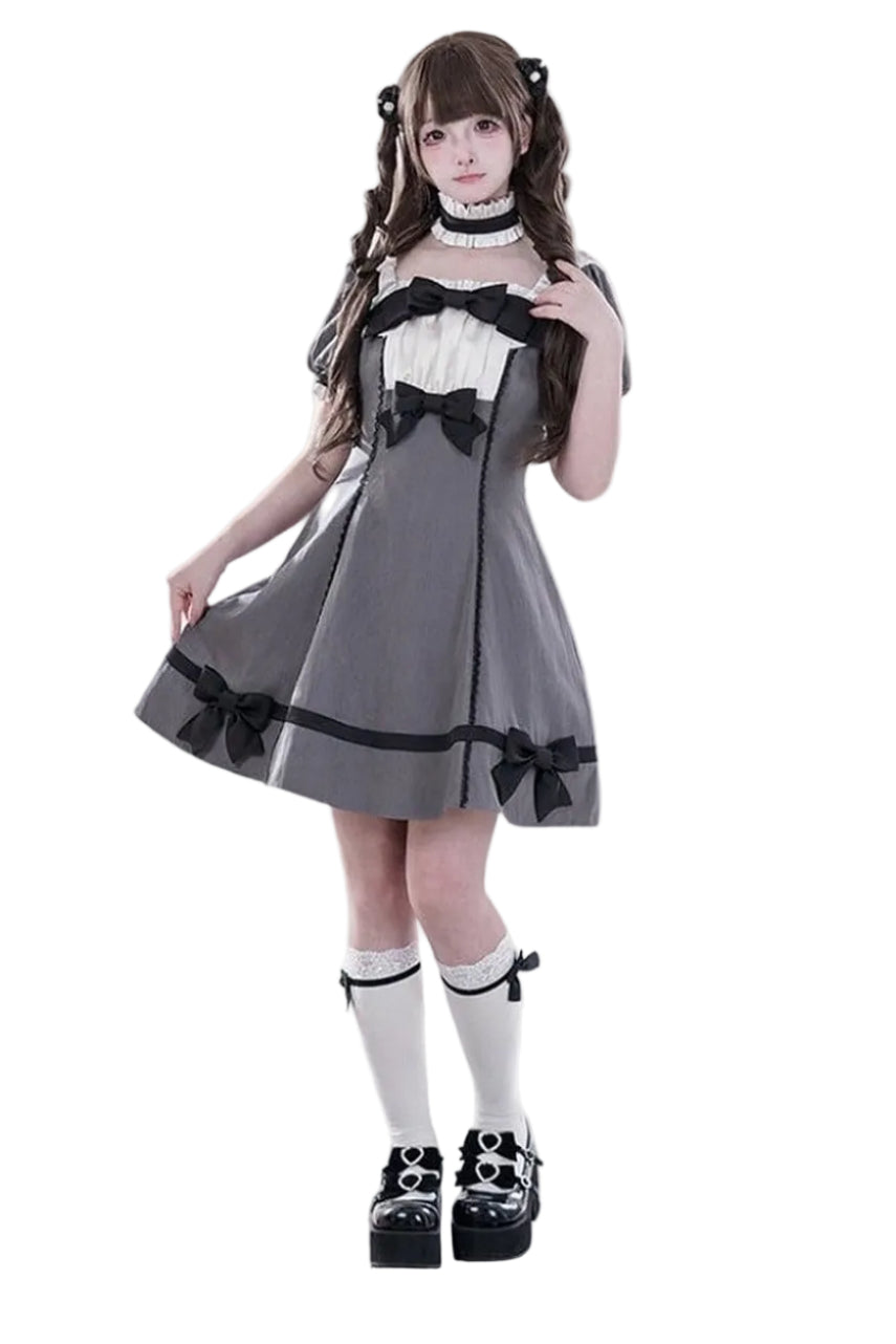 【5月29日予約締切】バニラポルカドットアンドグレーヴィンテージリボンパフスリーブドレス＋チョーカーセットアップ