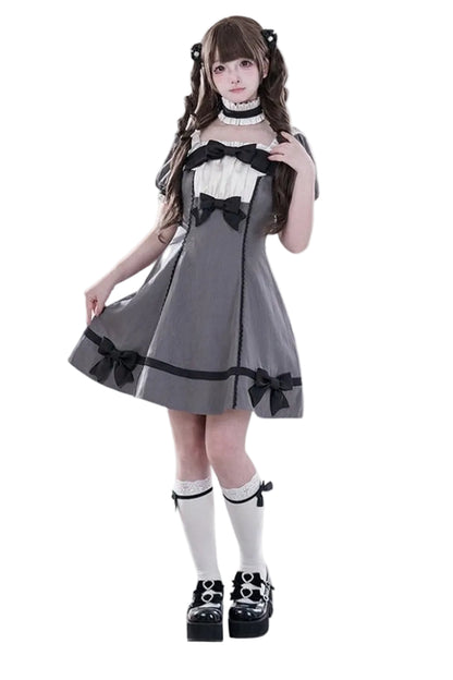 【5月29日予約締切】バニラポルカドットアンドグレーヴィンテージリボンパフスリーブドレス＋チョーカーセットアップ