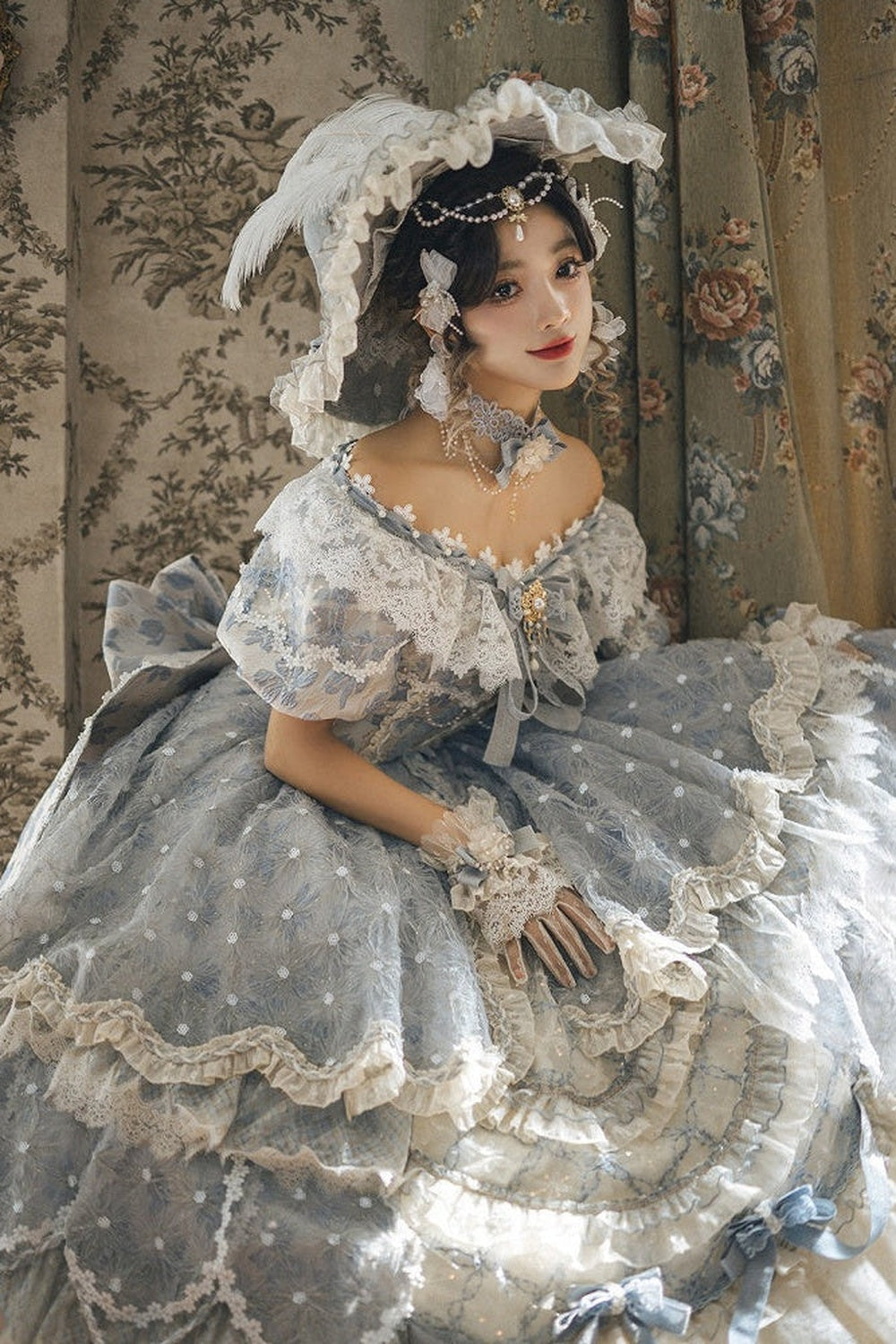 【9月10日予約締切】Pink/Blue Rococo Fantasy Puff Sleeve Ribbon Tiered Princess Lolita Dress Bridal＋Full set[Op Dress + Feather Hat + Choker + Back Ribbon Train + Lace Gloves]