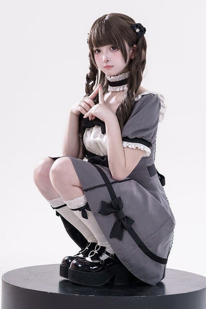【5月29日予約締切】バニラポルカドットアンドグレーヴィンテージリボンパフスリーブドレス＋チョーカーセットアップ