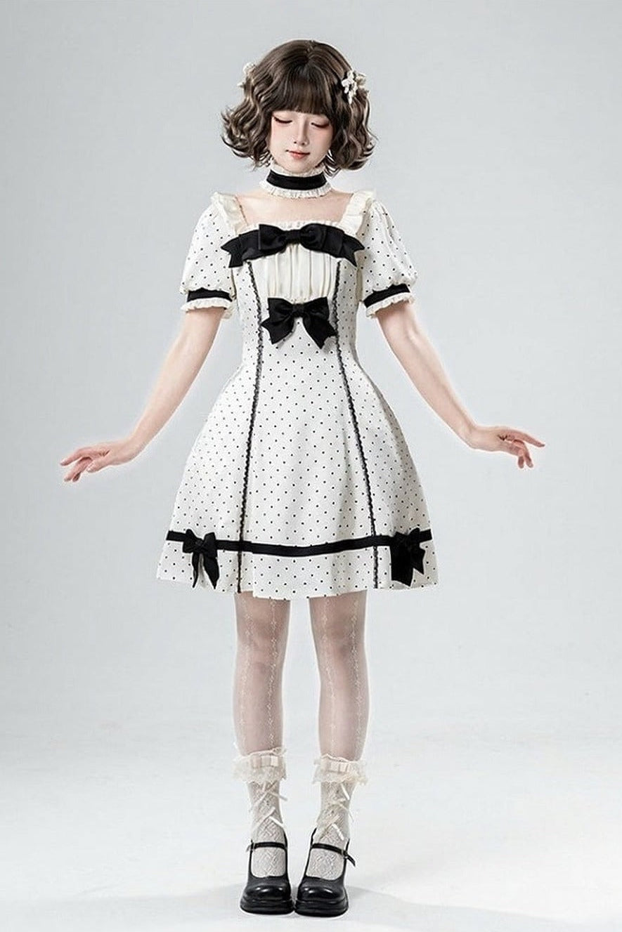【5月29日予約締切】バニラポルカドットアンドグレーヴィンテージリボンパフスリーブドレス＋チョーカーセットアップ