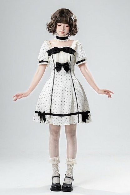 【5月29日予約締切】バニラポルカドットアンドグレーヴィンテージリボンパフスリーブドレス＋チョーカーセットアップ