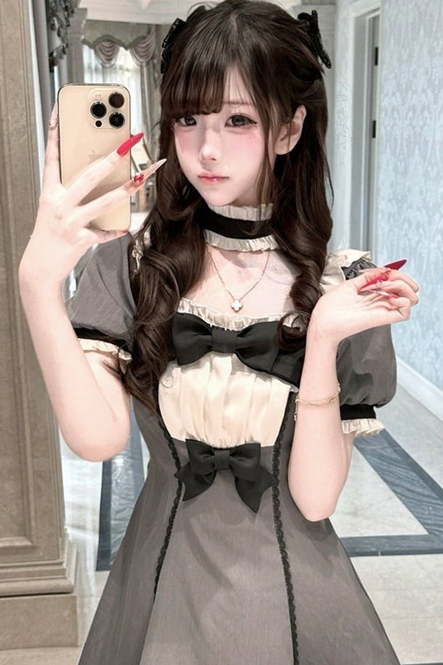 【5月29日予約締切】バニラポルカドットアンドグレーヴィンテージリボンパフスリーブドレス＋チョーカーセットアップ