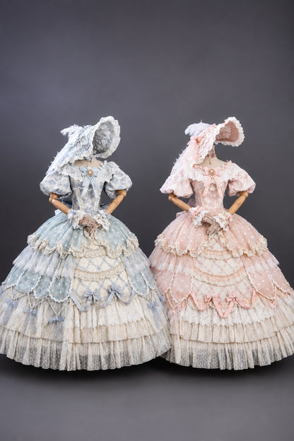 【9月10日予約締切】Pink/Blue Rococo Fantasy Puff Sleeve Ribbon Tiered Princess Lolita Dress Bridal＋Full set[Op Dress + Feather Hat + Choker + Back Ribbon Train + Lace Gloves]