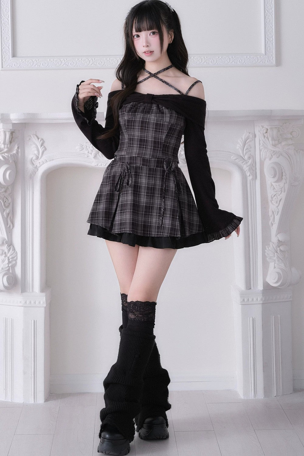 Top con lazo y hombros descubiertos estilo jirai kei + falda