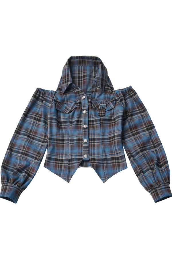 Retro Plaid Off-Shoulder Shirt and Suspender Skirt Set-Up
