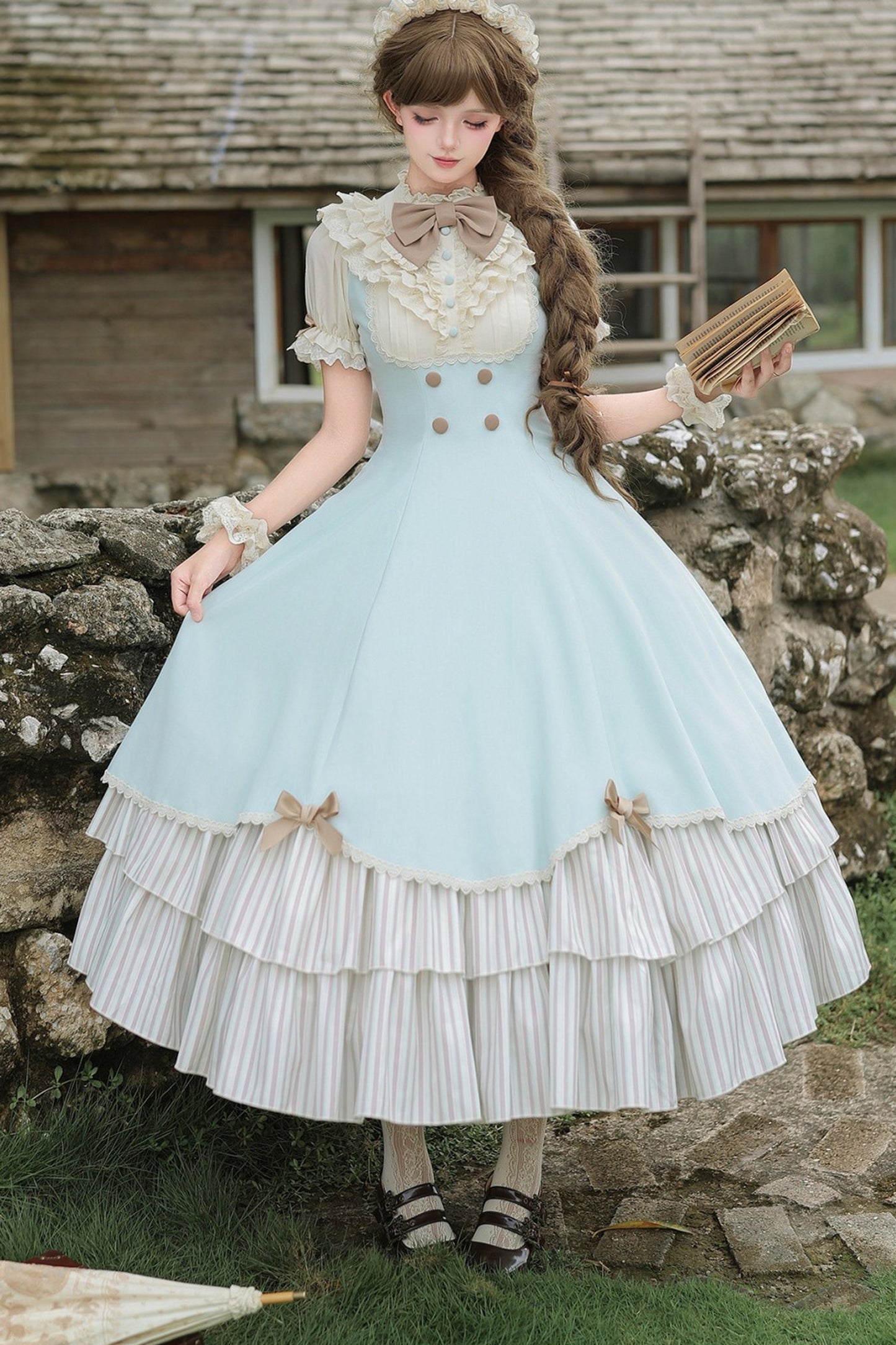 Lace Stand Collar Petal Hem Ruffle Dress