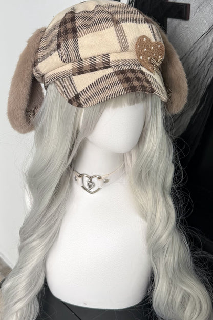 Large Head Plaid Dog Ear Octagonal Beret
