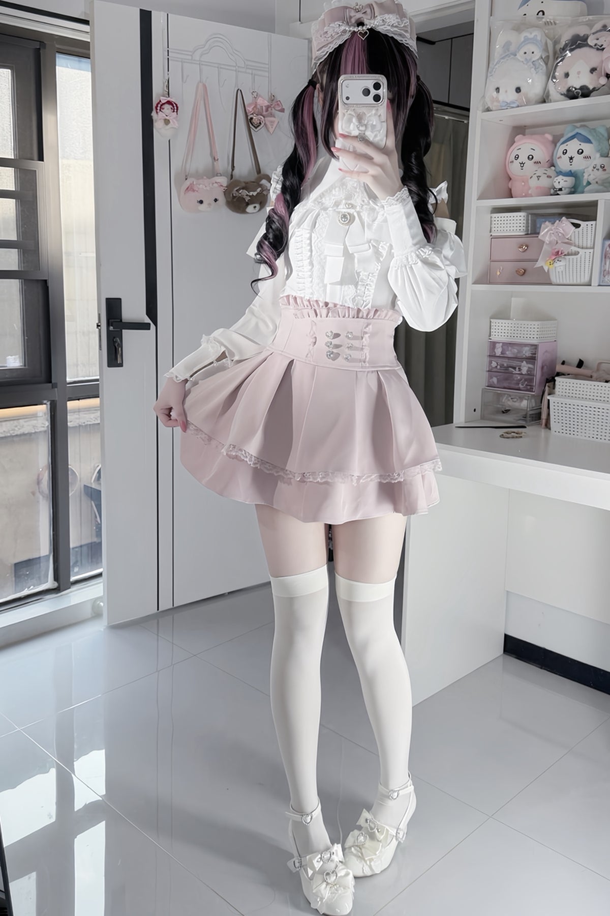 [Pre-order] Cold Shoulder Heart Buckle Long Sleeve Ruffle Lace Blouse with Bow Tie + Lace-Trim Pleated Mini Skirt Set