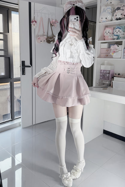 [Pre-order] Cold Shoulder Heart Buckle Long Sleeve Ruffle Lace Blouse with Bow Tie + Lace-Trim Pleated Mini Skirt Set