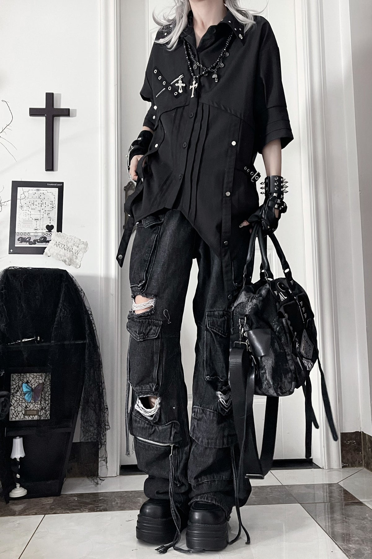 Deconstructed Metal Tie Short-Sleeved Shirt