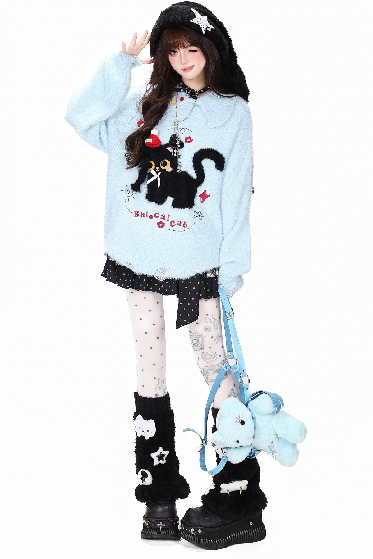 Black Cat Bow Knit Sweater