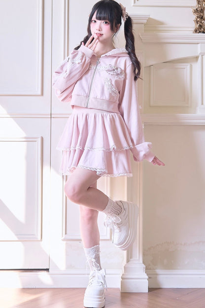 Giacca con cappuccio in pizzo stile subculture jirai + gonna + pantaloni
