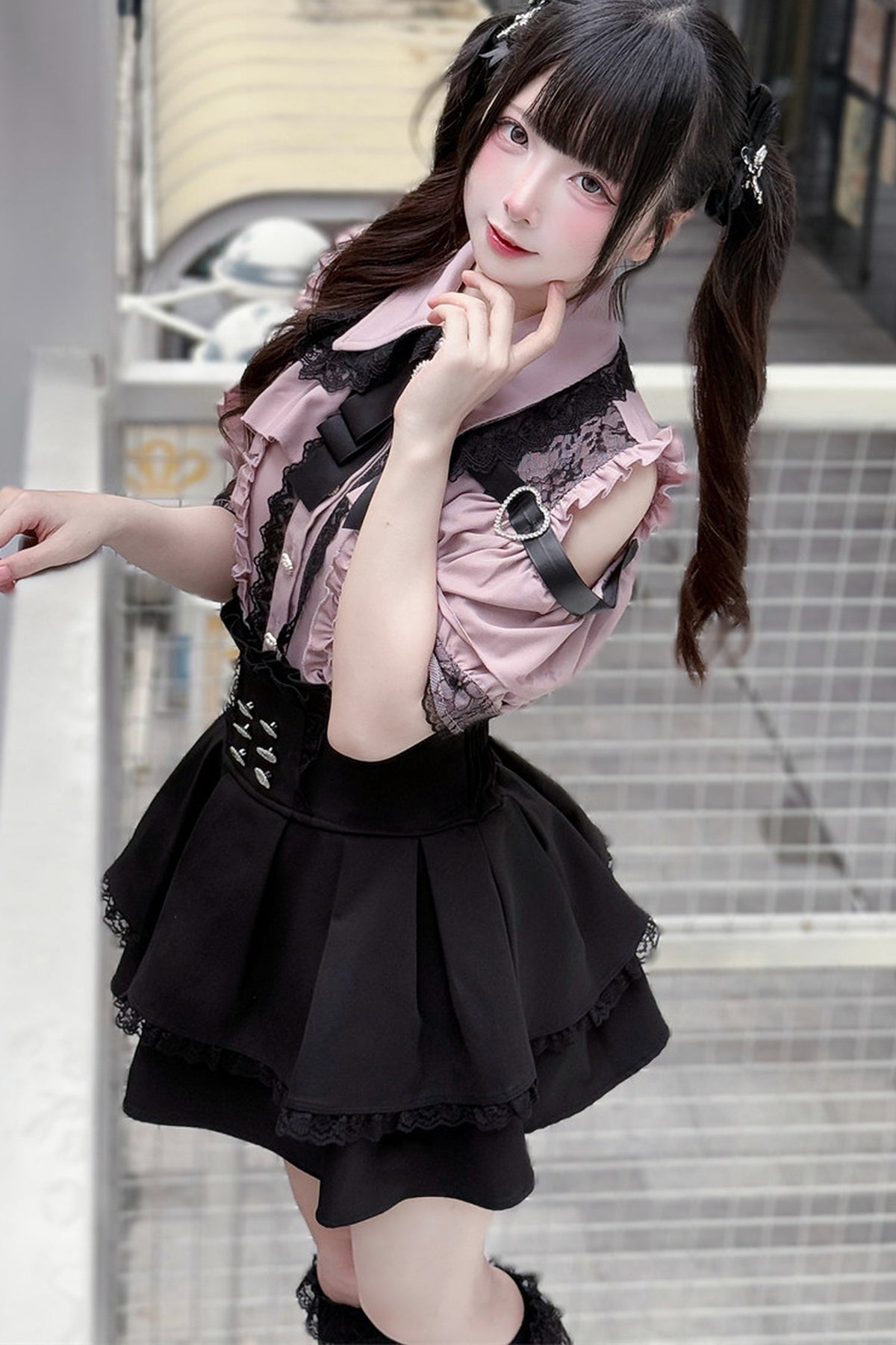Cherry Short-Sleeve Shirt and Skirt Set-Up