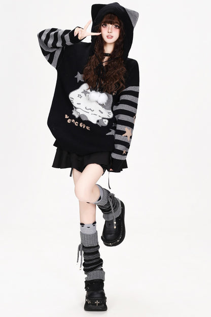Cat Eating Fish Jacquard Hooded Sweater