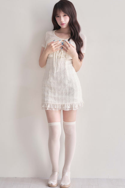 Elegant Ribbon Cardigan & Lace Dress Set