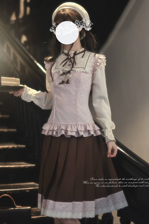 Pink Brown JK Pleated Skirt and Blouse Set-Up