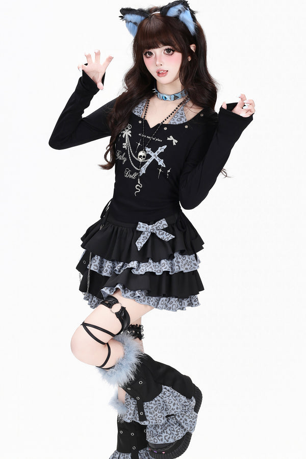 Layered-Look Halter Long-Sleeve Top and Skirt Set-Up
