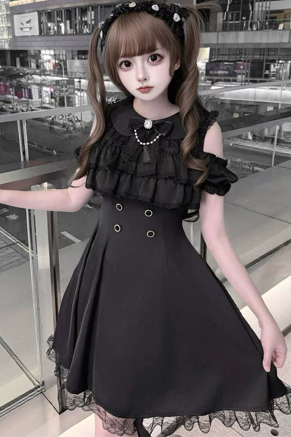 Pre-Order Item: Waist-Enhancing Ruffle Design Dark Kawaii Black Dress