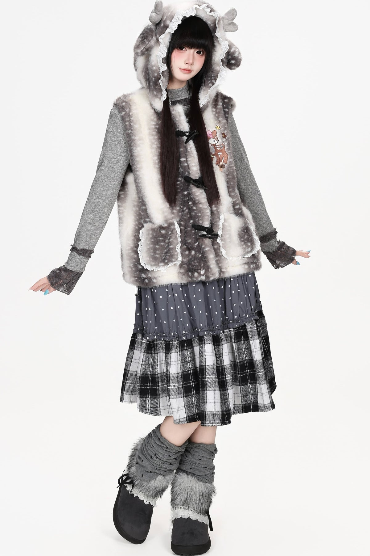 Patchwork Polka Dot Plaid Skirt