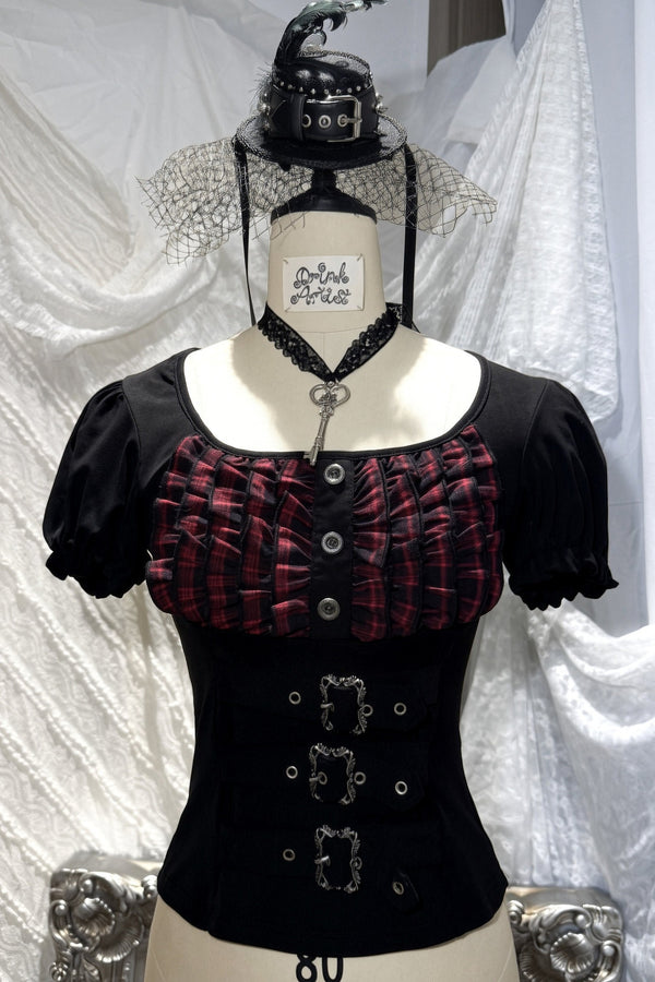 Original from Jiuyu Market: Black and Red Plaid Puff-Sleeve Knit Top with Military-Style Mesh Cake Skirt Set