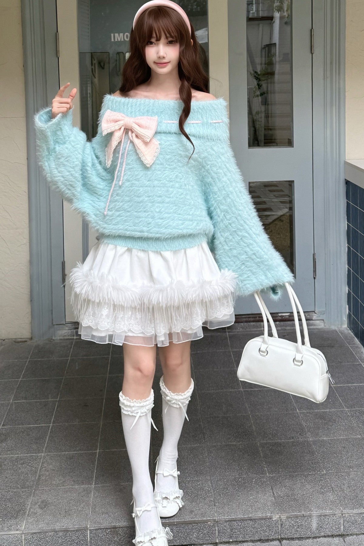 Mint Blue Two-Way Off-Shoulder Sweater With Skirt Set