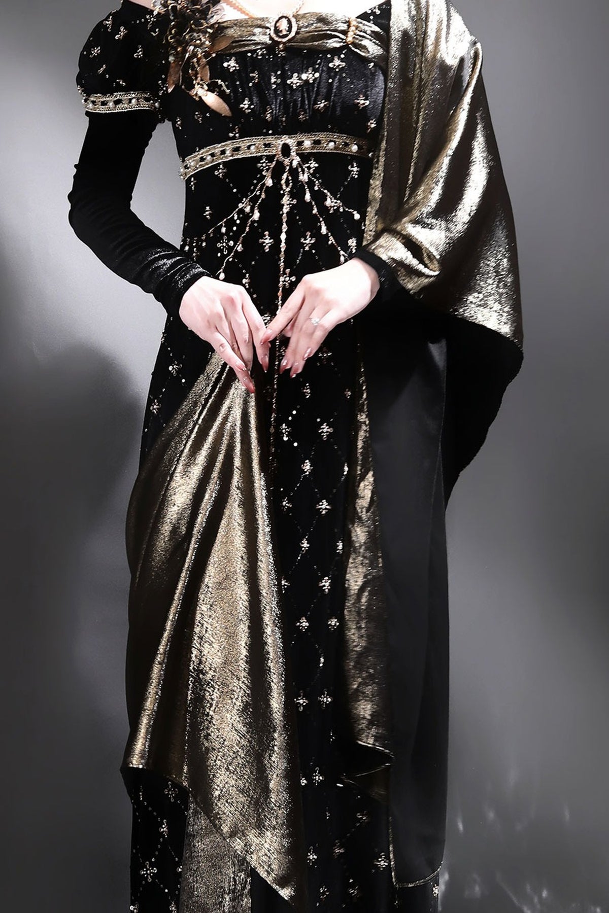 Black Gold Beaded Empire Dress