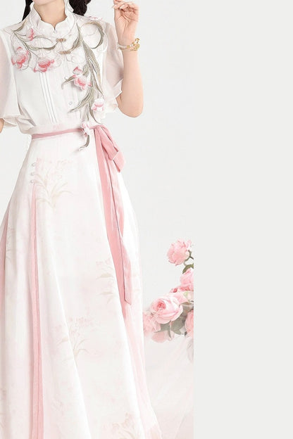 Rosa Hanfu-Hemd-und-Rock-Set mit nebligen Tulpen
