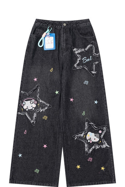 お星さま猫のダメージデニムパンツ