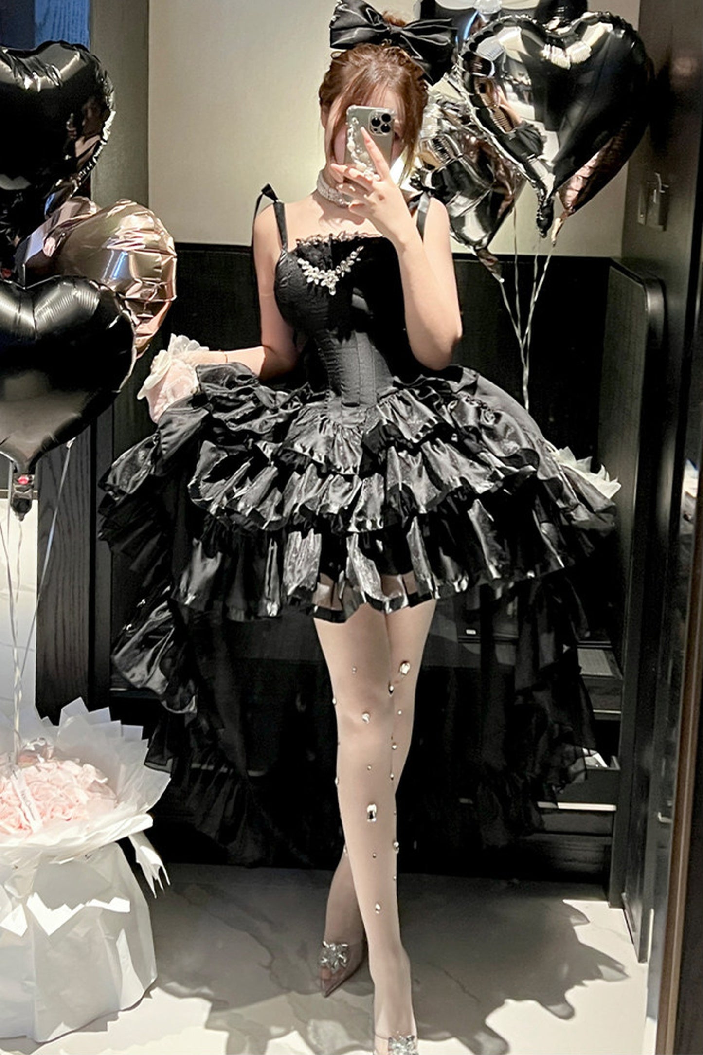 Elegant Floral Satin Ribbon Lolita Dress