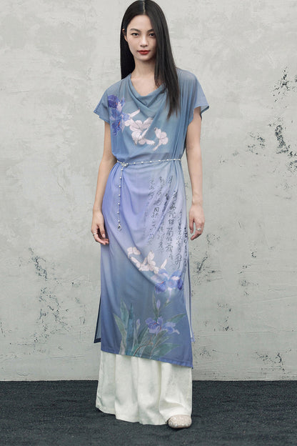 Blaues Oberteil im China-Stil mit Farbverlauf