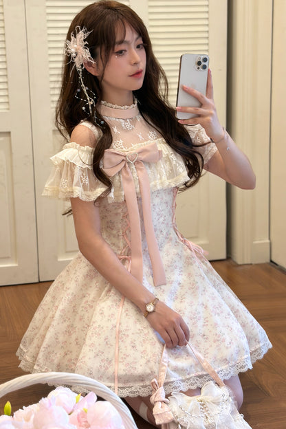 ピンクローズリボンフレアワンピース
