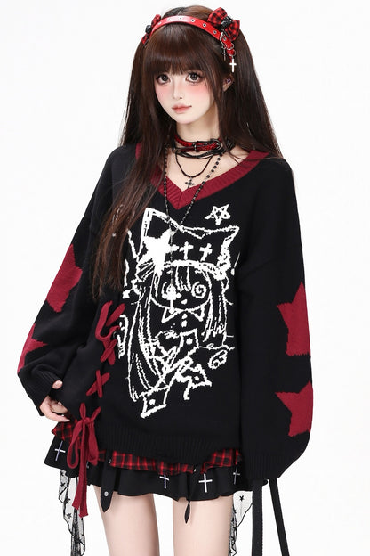 Anime V-Neck Tie Knit Pullover Sweater
