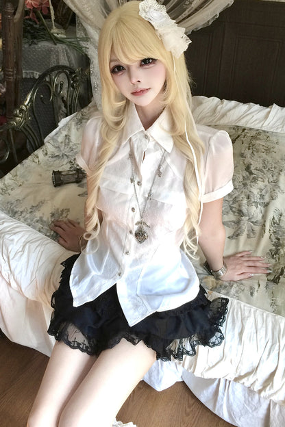White Short-Sleeved Lace Waist-Cinching Shirt