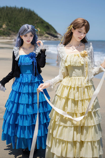 Seven-Layer Ruffle Square Neck Dress, Hair Accessory and Jacket Set-Up