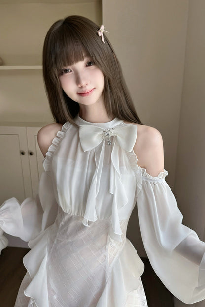 High-Waist Bow Off-Shoulder Long-Sleeve A-Line Dress