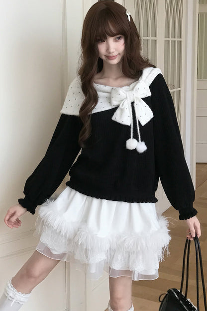 Polka Dot Off-Shoulder Sweater Top and Skirt Set