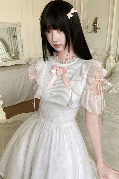 Three-Layer Waist Pearl Button Pink Bow Dress