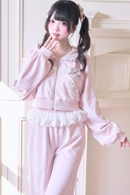 Giacca con cappuccio in pizzo stile subculture jirai + gonna + pantaloni