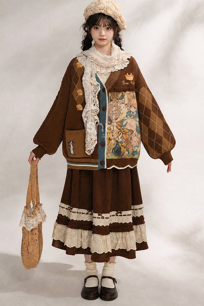Vintage Oil Painting Knit Cardigan And Skirt