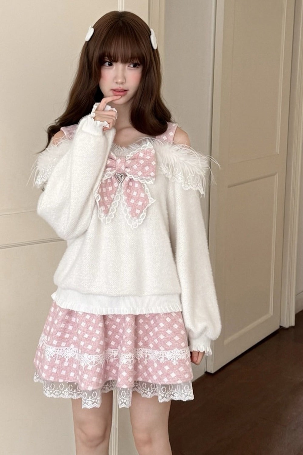 White Rabbit One-Shoulder Sweater Skirt Set