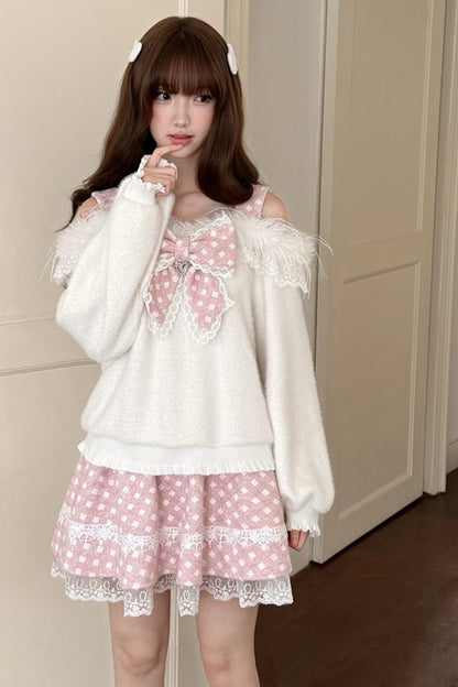White Rabbit One-Shoulder Sweater Skirt Set