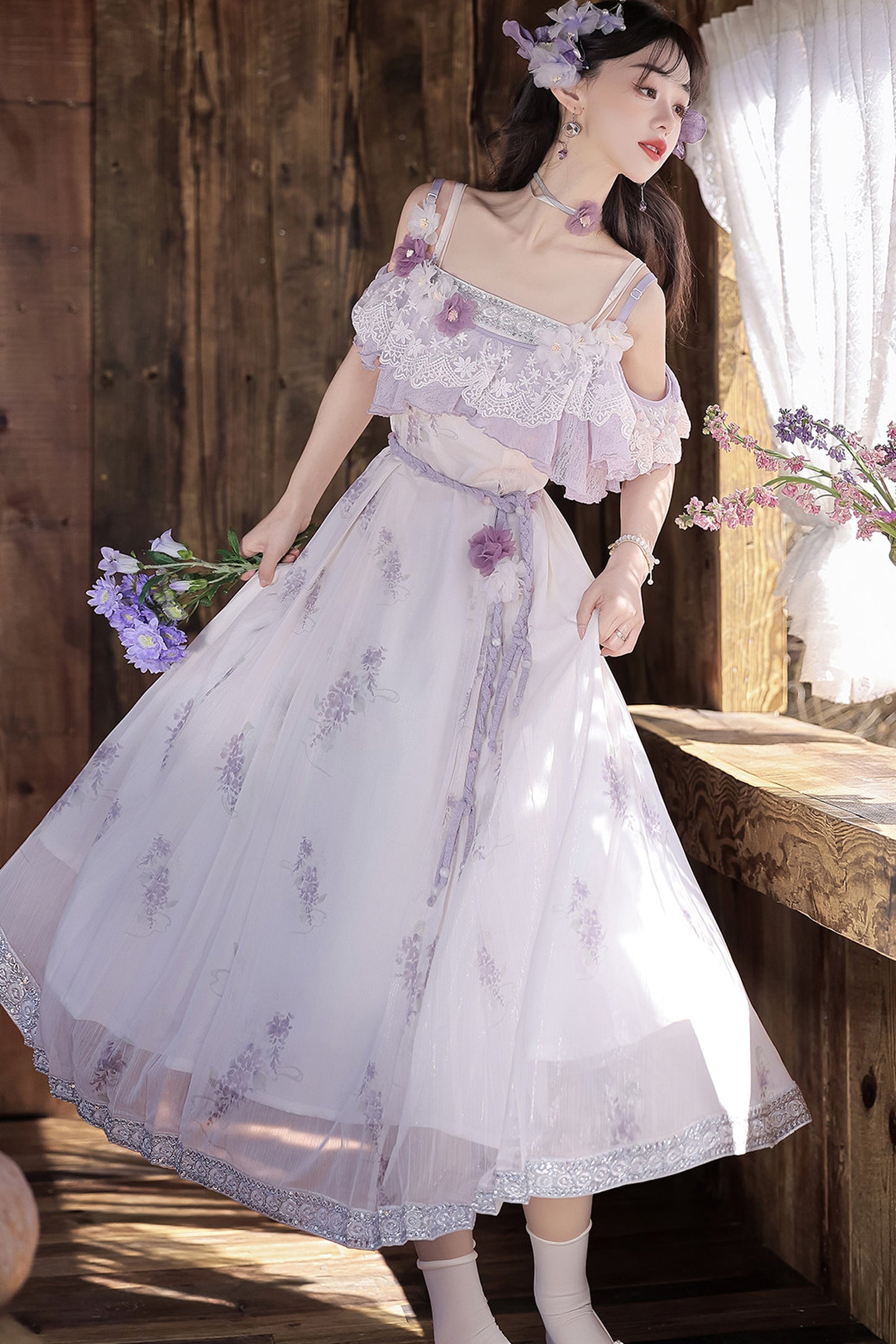 Wisteria Flower New Chinese Style Suspender Skirt and Top Set